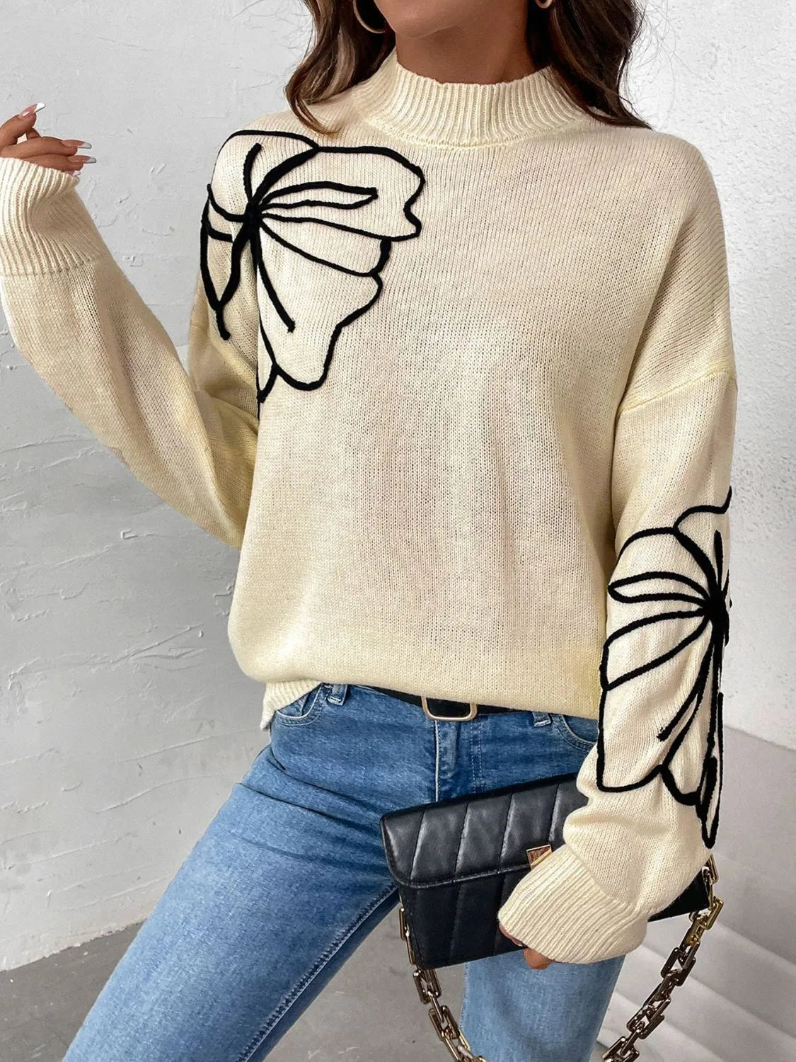 Perfee Mock Neck Dropped Shoulder Long Sleeve Sweater - Wellen Fashion