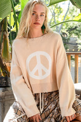 POL Round Neck Long Sleeve Peace Sign Sweater - Wellen Fashion