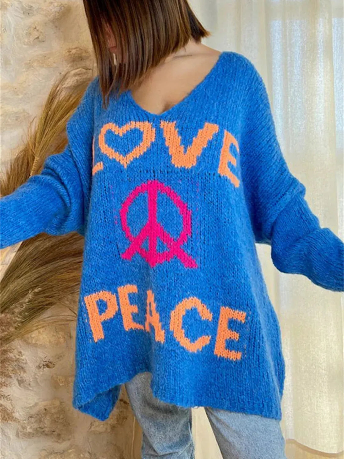 Peace Graphic V-Neck Long Sleeve Sweater - Wellen Fashion