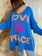 Peace Graphic V-Neck Long Sleeve Sweater - Wellen Fashion