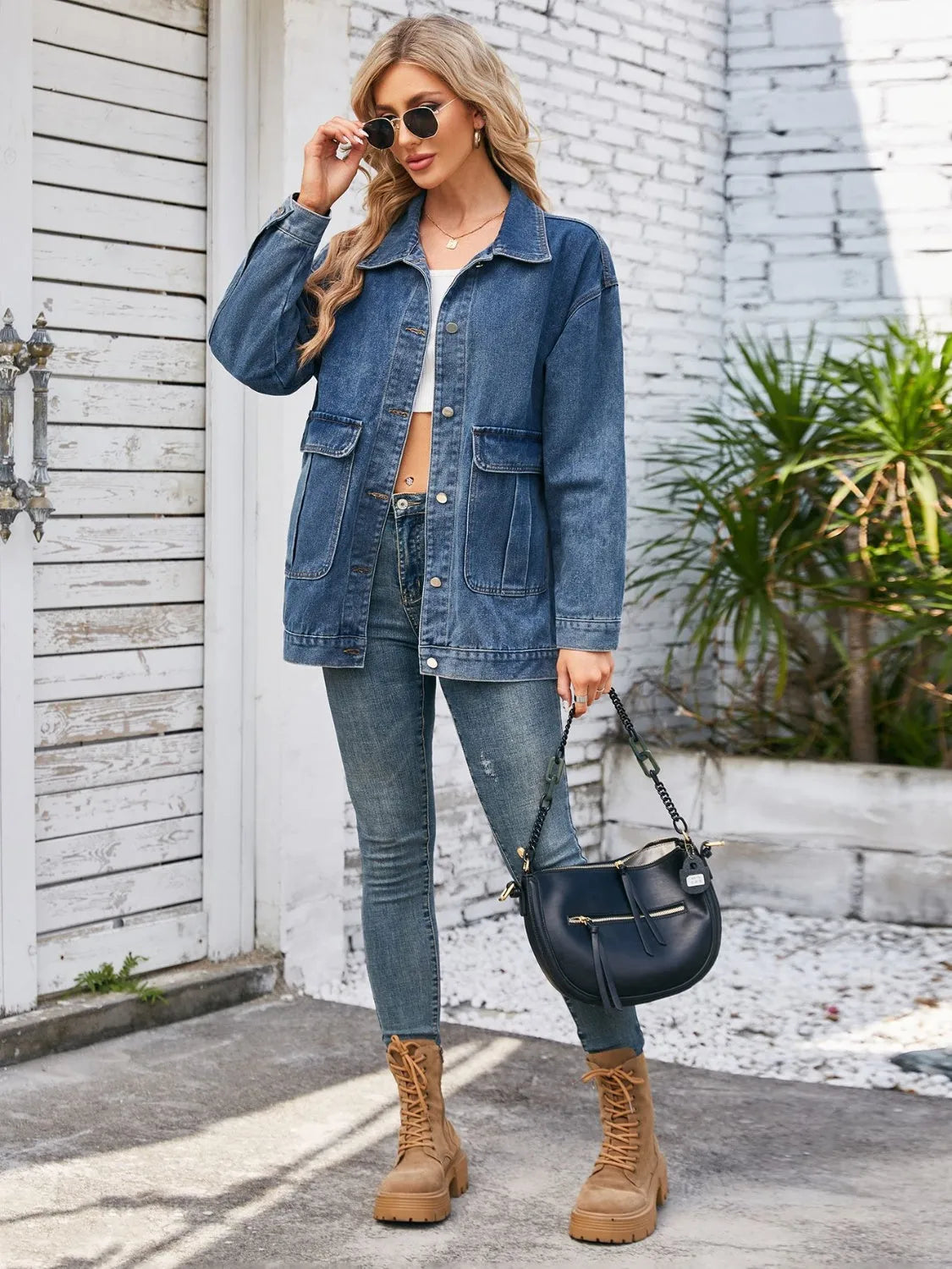 Button Up Long Sleeve Denim Jacket - Wellen Fashion