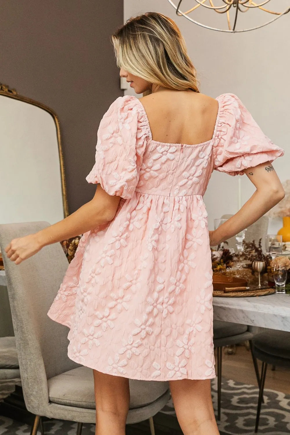 BiBi Flower Square Neck Puff Sleeve Dress - Wellen Fashion