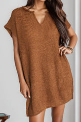 Notched Cap Sleeve Mini Sweater Dress - Wellen Fashion