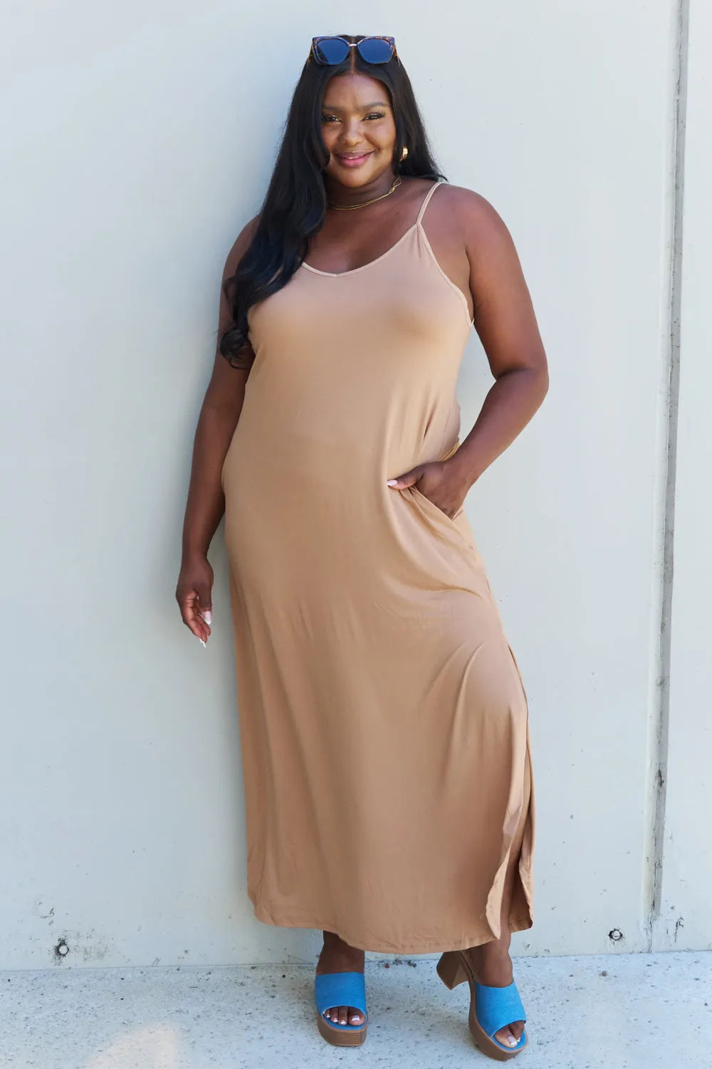 Ninexis Good Energy Full Size Cami Side Slit Maxi Dress in Camel - Wellen Fashion