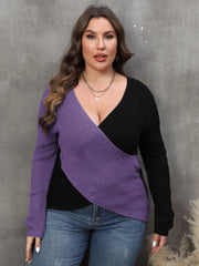 Plus Size Two-Tone Surplice Neck Sweater - Wellen Fashion