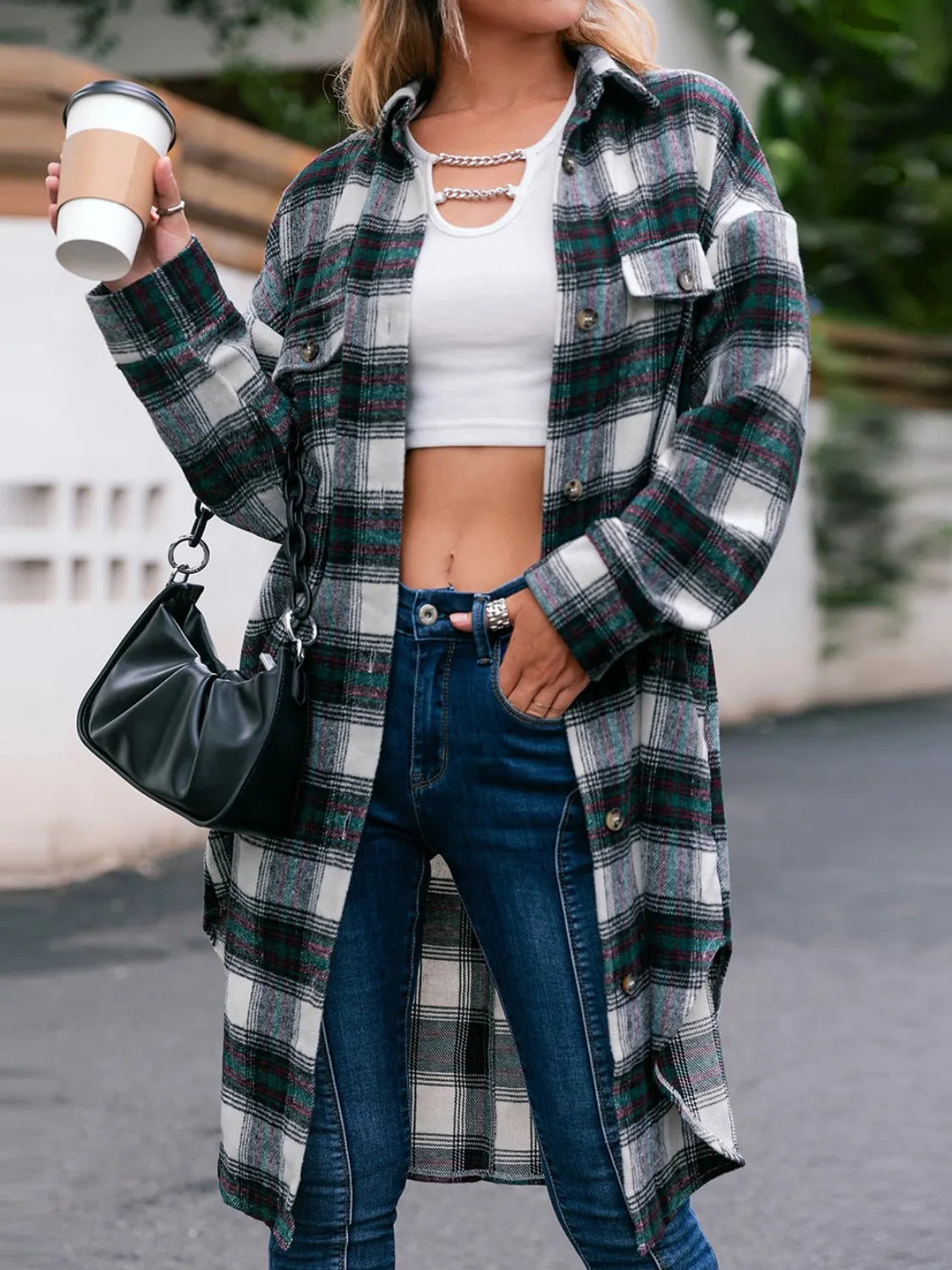 Plaid Button Up Long Sleeve Shacket - Wellen Fashion