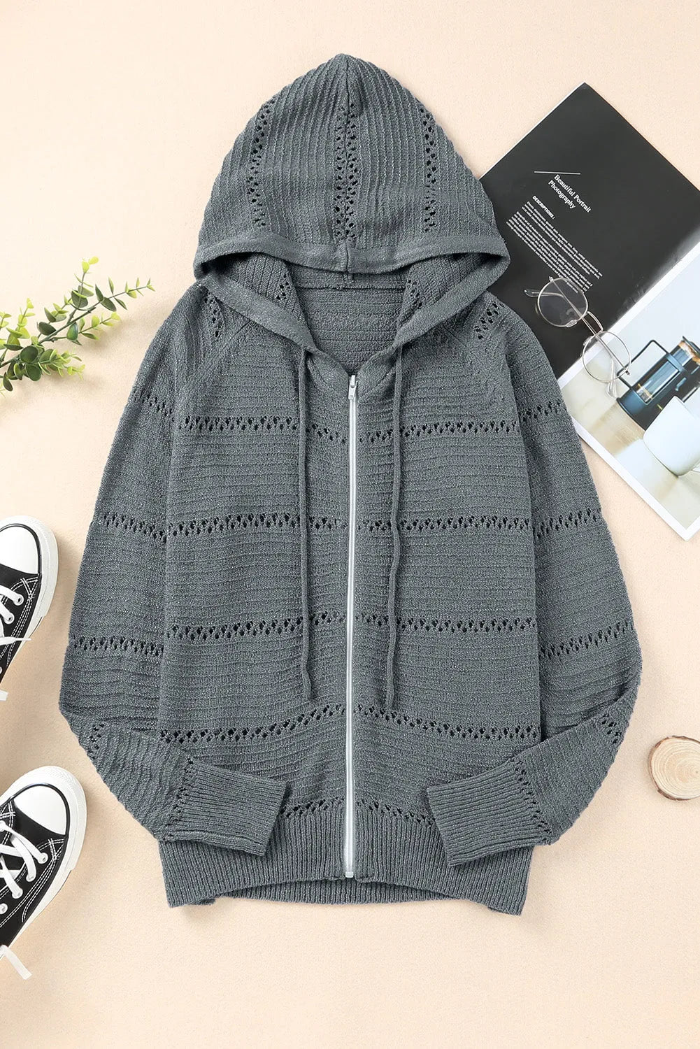 Zip-Up Raglan Sleeve Openwork Hooded Cardigan - Wellen Fashion