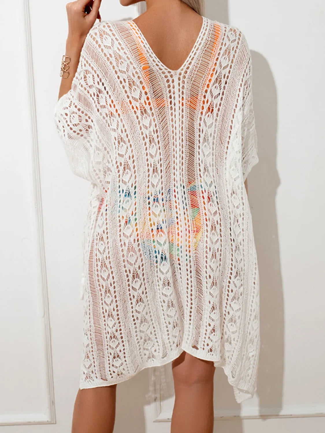 Openwork V-Neck Half Sleeve Cover-Up - Wellen Fashion