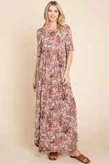 BOMBOM Printed Shirred Maxi Dress - Wellen Fashion