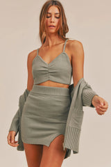 MABLE 3 Pieces Sweater Set with Crop Cami, Mini Skirt, Cardigan - Wellen Fashion