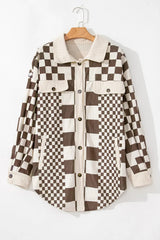 Plus Size Checkered Button Up Long Sleeve Jacket - Wellen Fashion