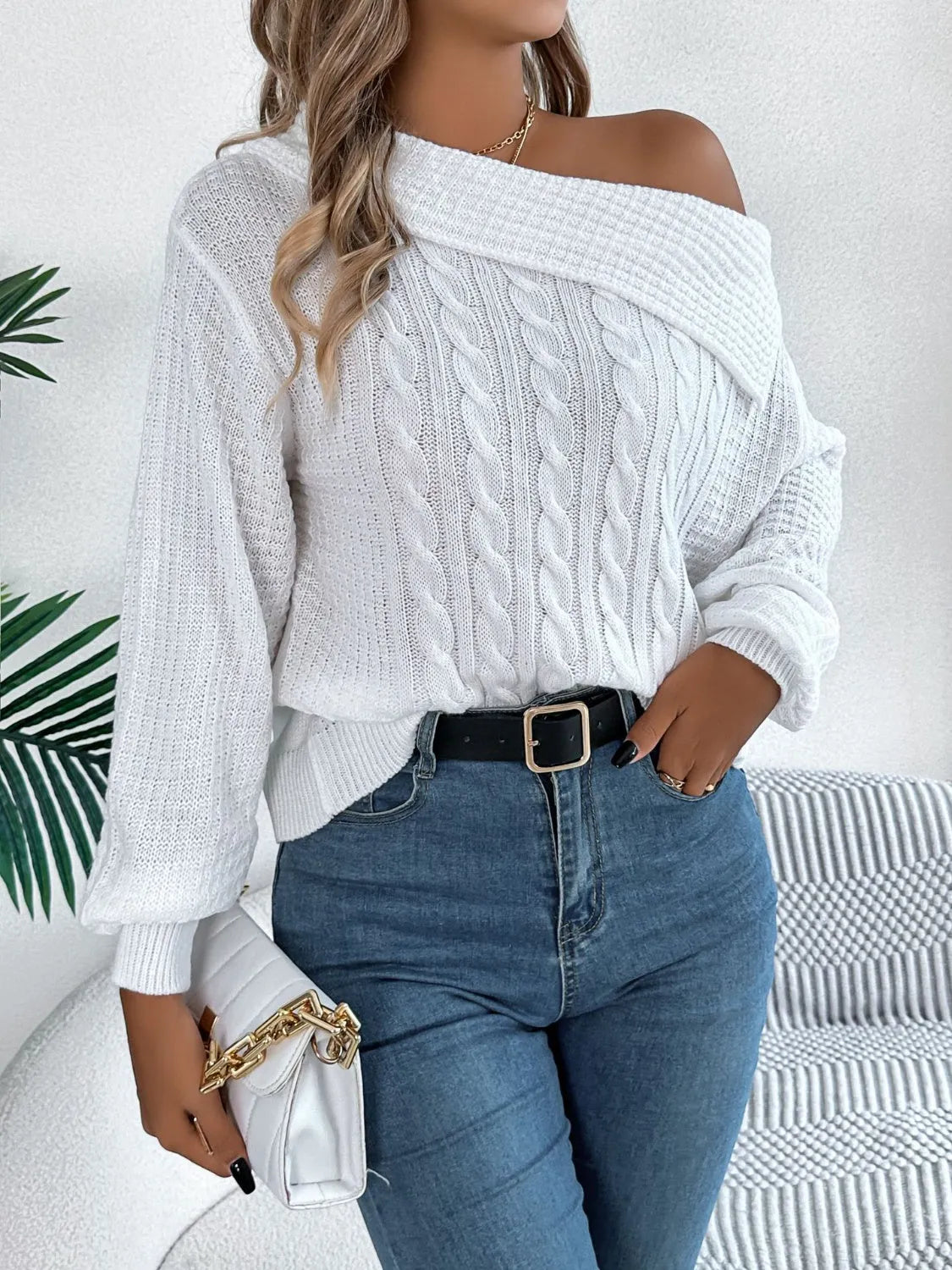 Cable-Knit One Shoulder Long Sleeve Sweater - Wellen Fashion