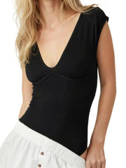 V-Neck Cap Sleeve Bodysuit - Wellen Fashion