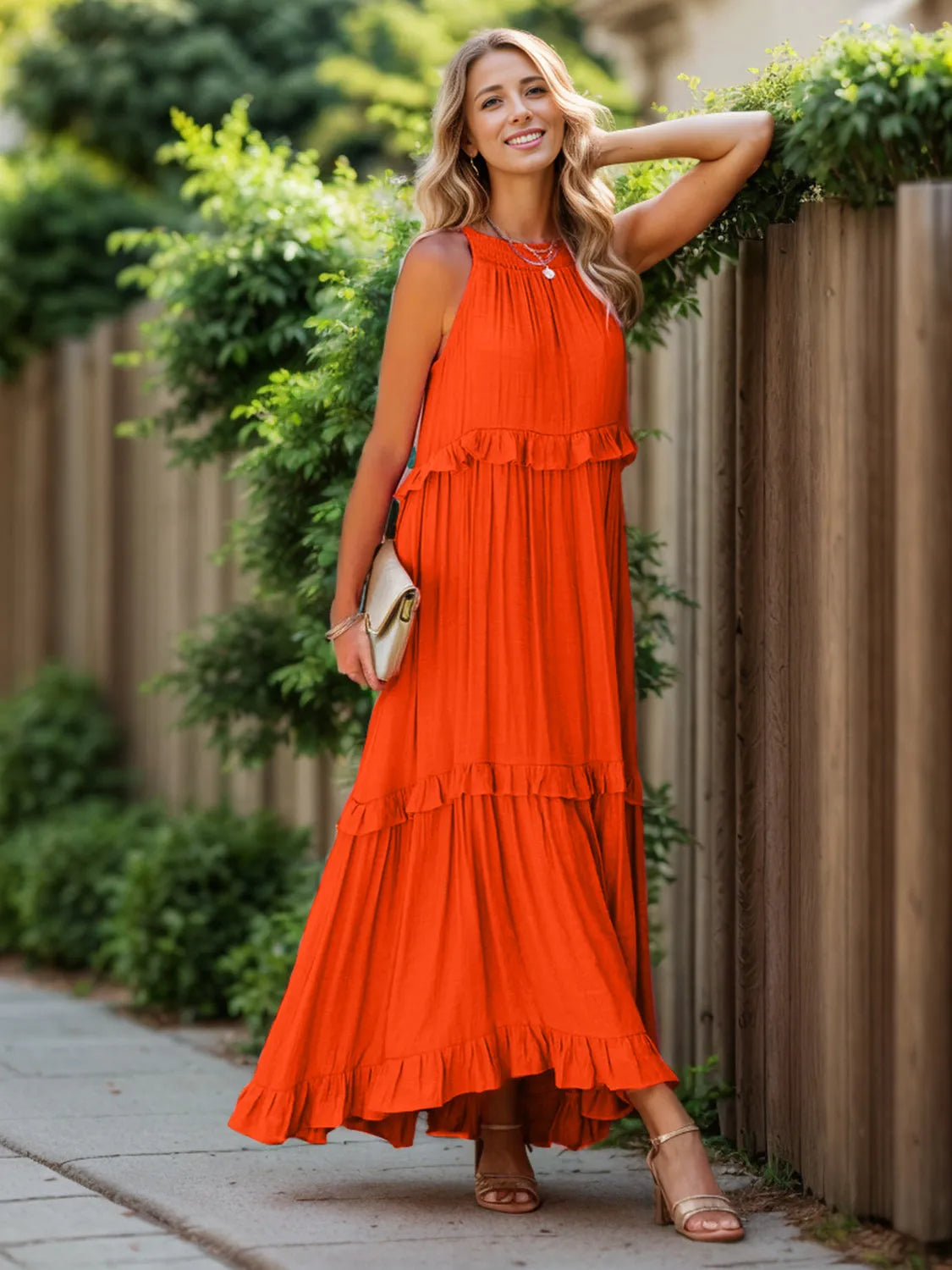 Ruffled Sleeveless Tiered Maxi Dress with Pockets - Wellen Fashion