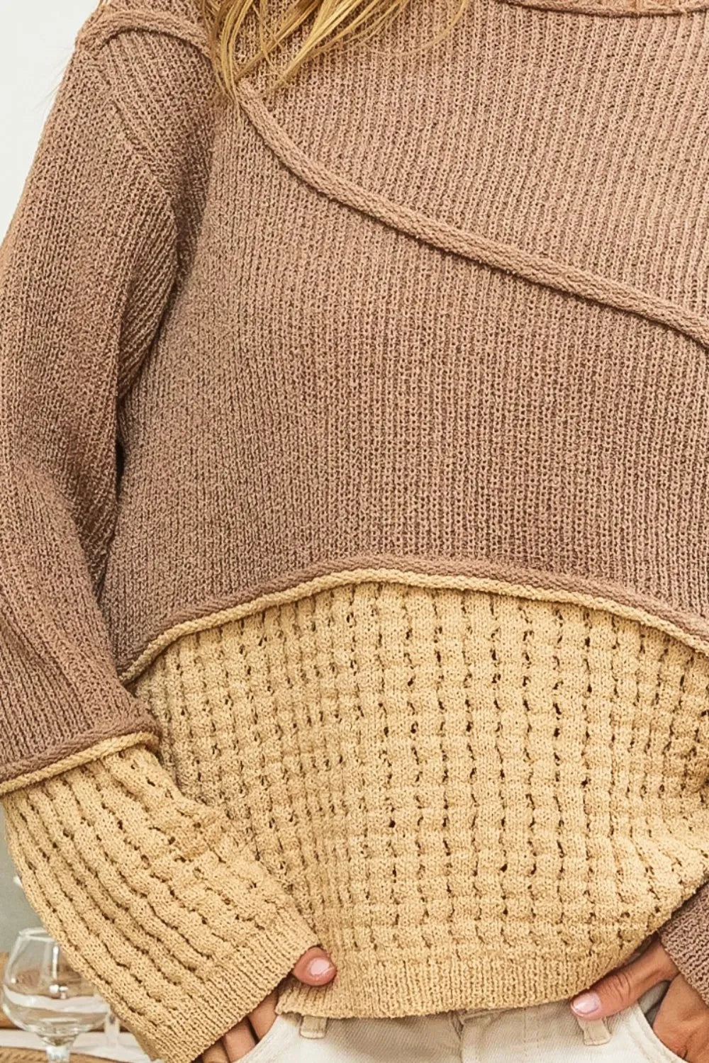 BiBi Texture Detail Contrast Drop Shoulder Sweater - Wellen Fashion