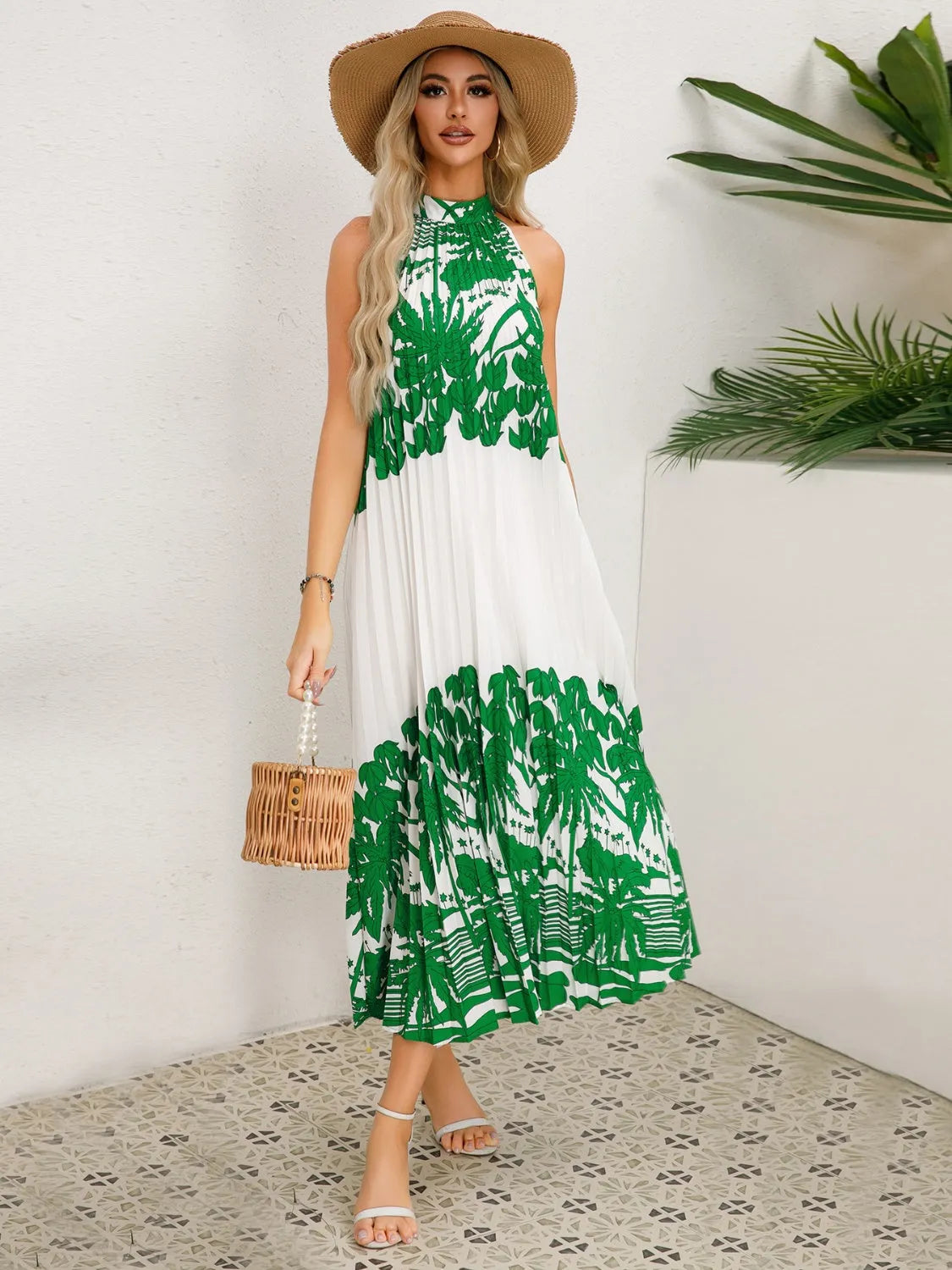 Tied Printed Sleeveless Midi Dress - Wellen Fashion