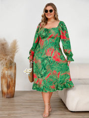 Plus Size Ruffled Square Neck Flounce Sleeve Dress - Wellen Fashion