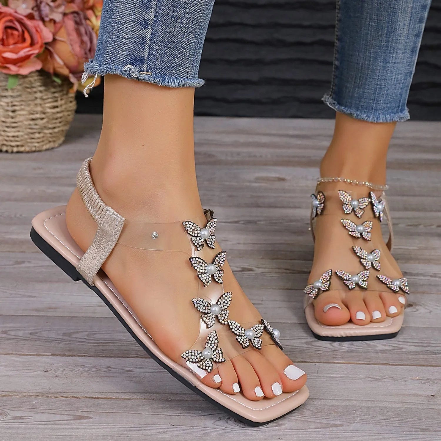 Rhinestone Butterfly Flat Sandals - Wellen Fashion