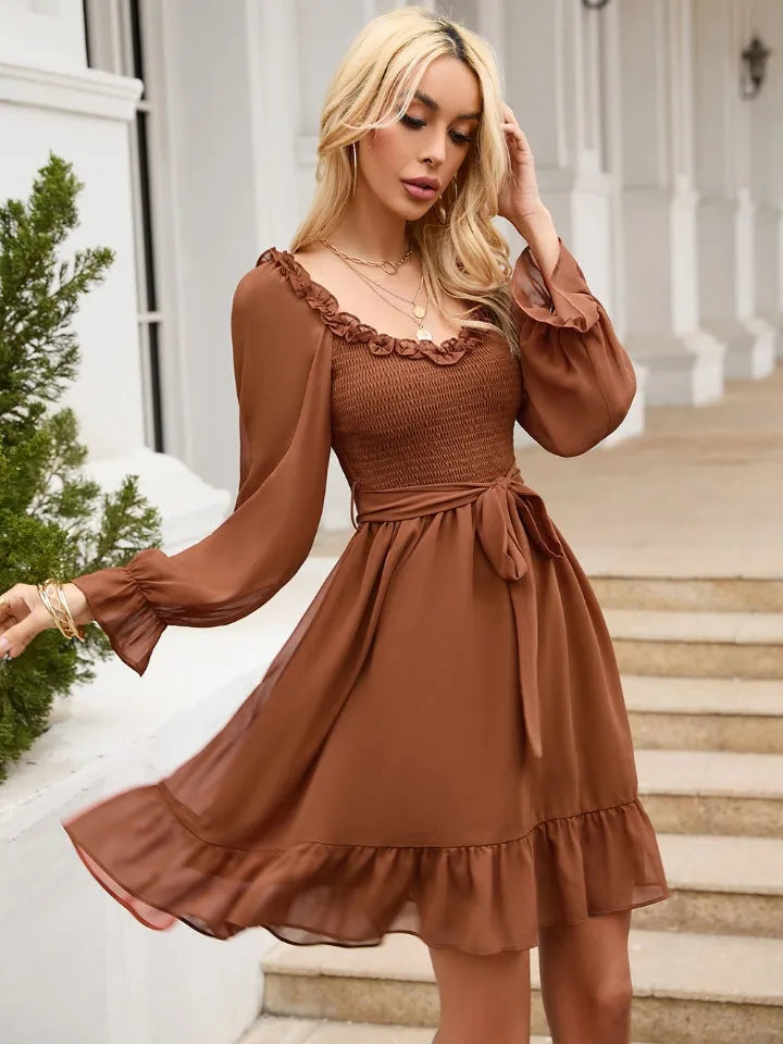 Tie Front Ruffle Hem Smocked Dress - Wellen Fashion