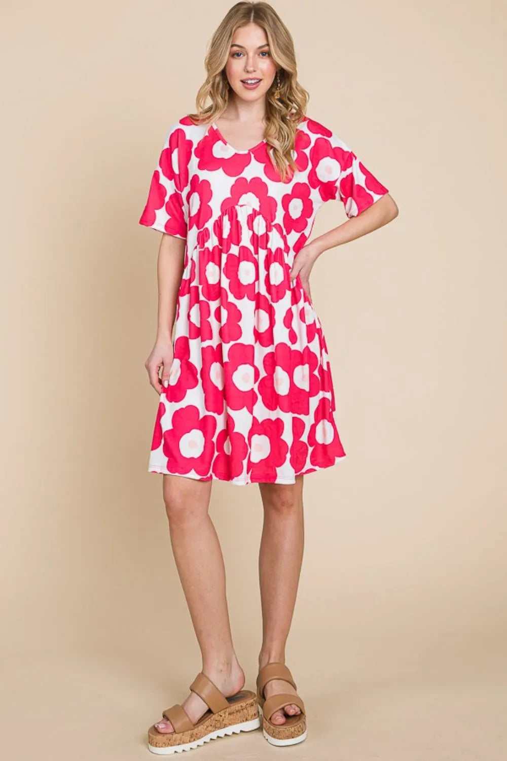 BOMBOM Flower Print Ruched Dress - Wellen Fashion