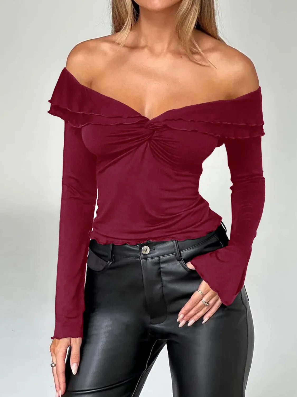 Devine Twisted Ruffled Off-Shoulder Long Sleeve T-Shirt - Wellen Fashion