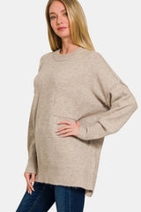 Zenana High-Low Hem Drop Shoulder Sweater - Wellen Fashion