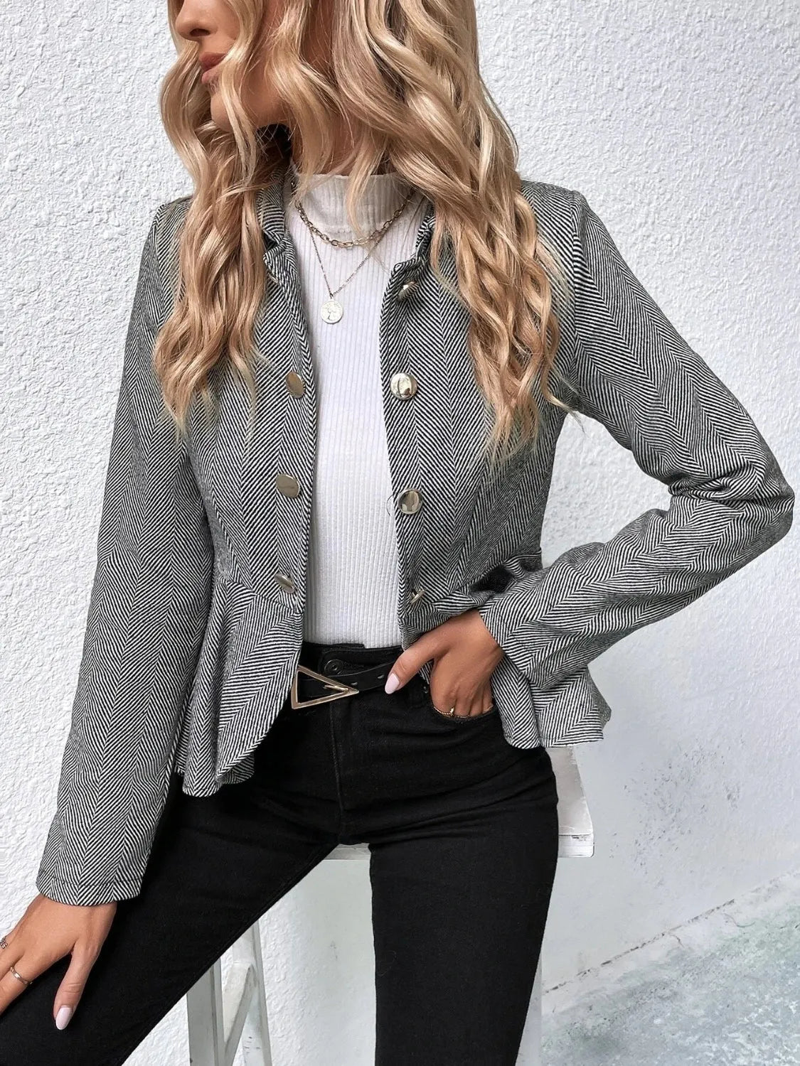 Ruffle Hem Collared Blazer - Wellen Fashion