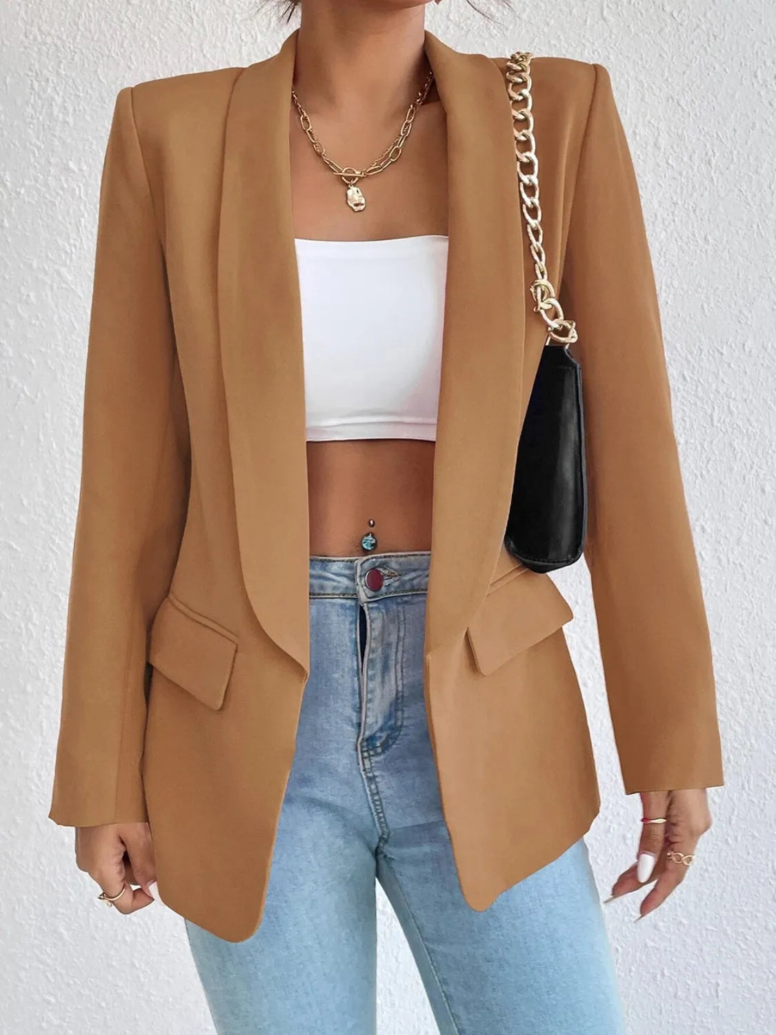 Shawl Collar Long Sleeve Blazer - Wellen Fashion