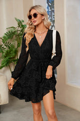 Surplice Lace Long Sleeve Mini Dress - Wellen Fashion