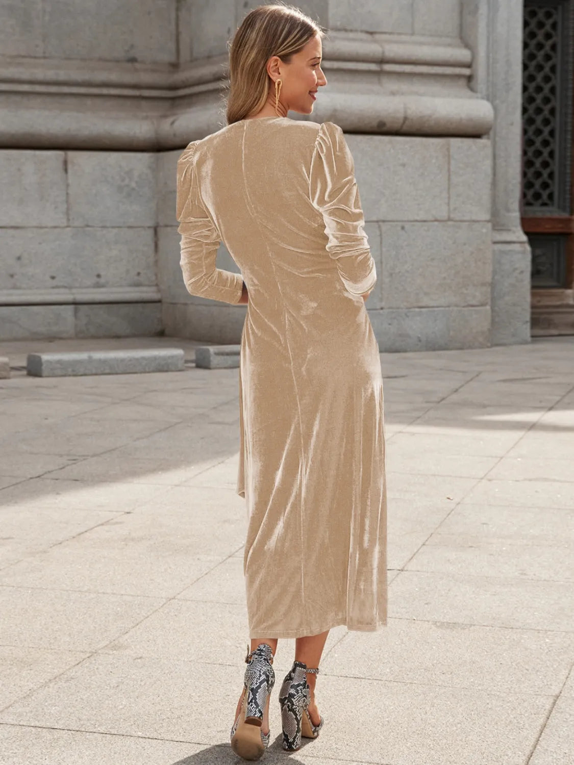 Surplice Puff Sleeve Midi Dress - Wellen Fashion