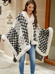 Checkered Faux Fur Trim Poncho - Wellen Fashion