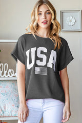 Heimish Full Size USA Graphic Short Sleeve Ribbed Top