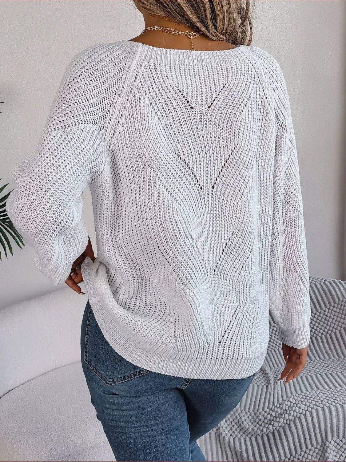 Openwork Buttoned Square Neck Sweater - Wellen Fashion