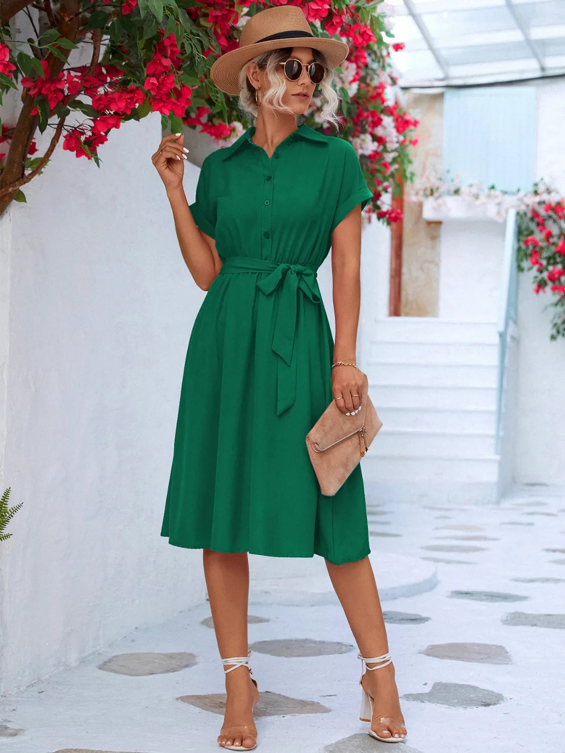 Buttoned Tie Waist Short Sleeve Dress - Wellen Fashion