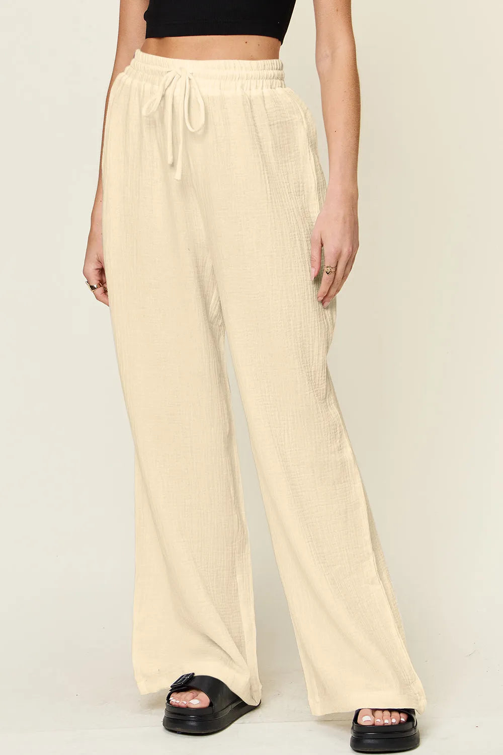 Double Take Full Size Texture Drawstring Wide Leg Pants - Wellen Fashion