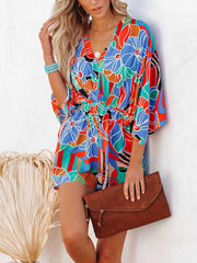 Tied Printed Kimono Sleeve Romper - Wellen Fashion