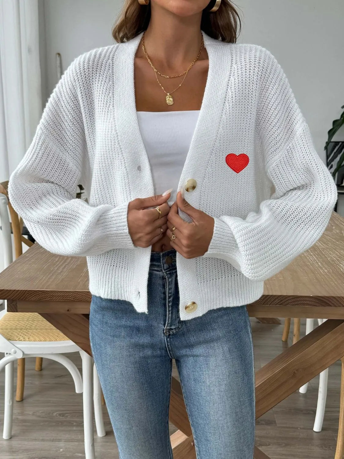 Heart Button Down V-Neck Long Sleeve Cardigan - Wellen Fashion