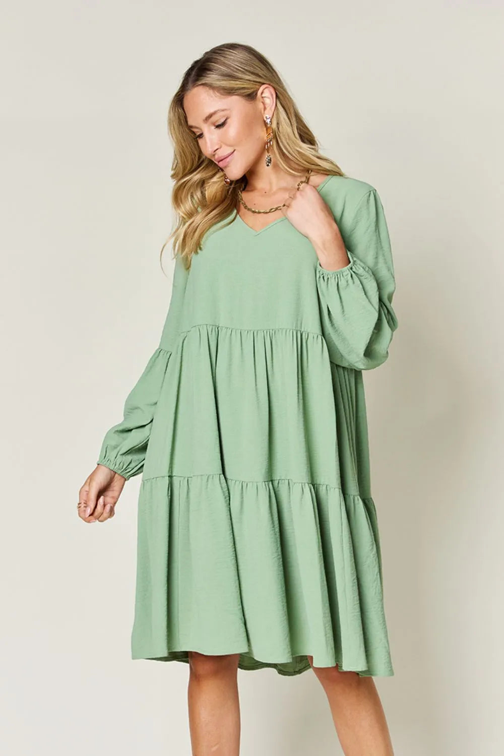 Double Take Full Size V-Neck Balloon Sleeve Tiered Dress with Pockets - Wellen Fashion