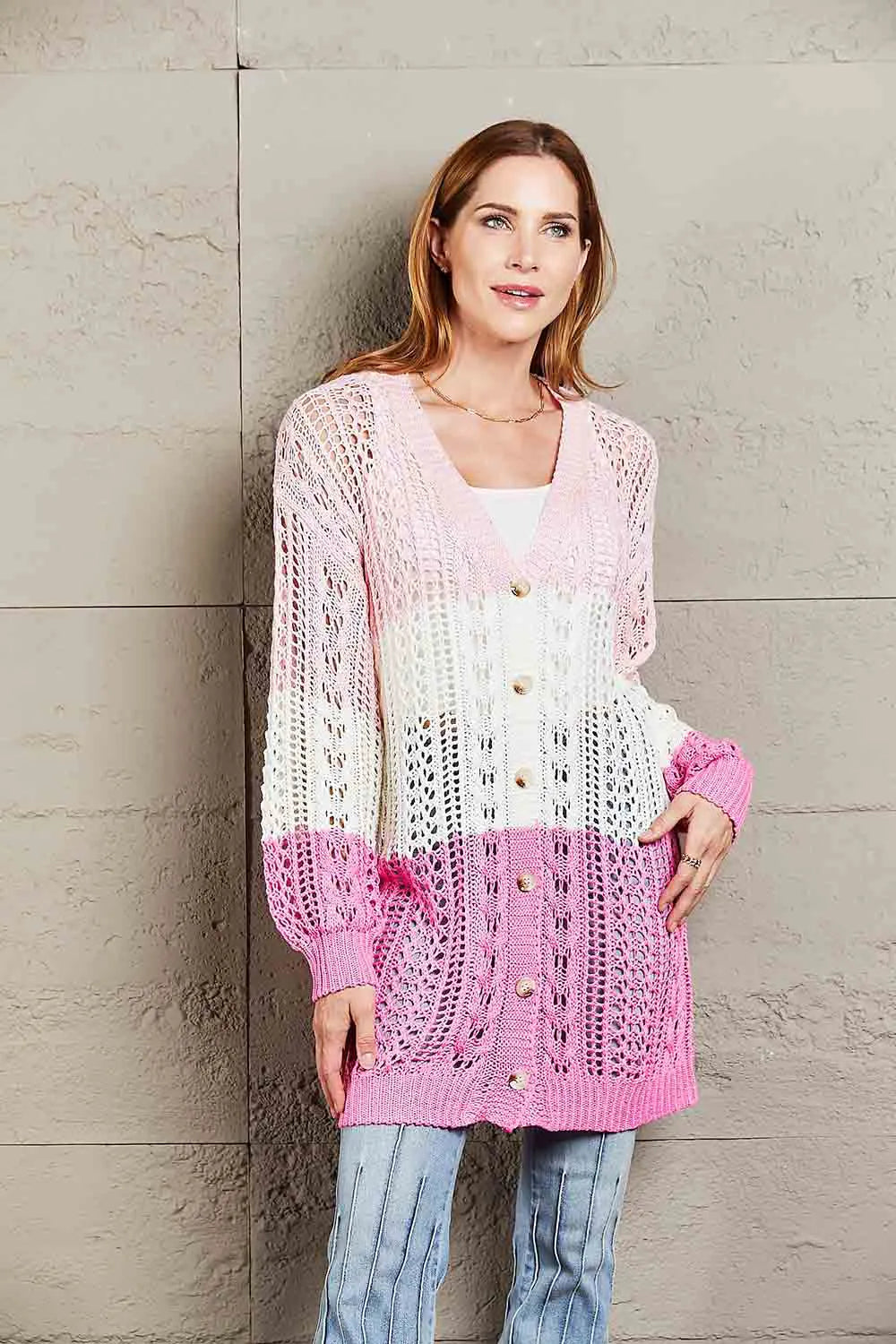 Double Take Openwork Ribbed Cuff Longline Cardigan - Wellen Fashion