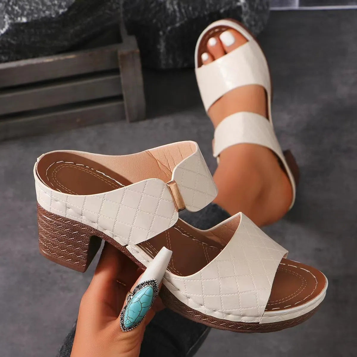 PU Leather Block Heel Sandals - Wellen Fashion