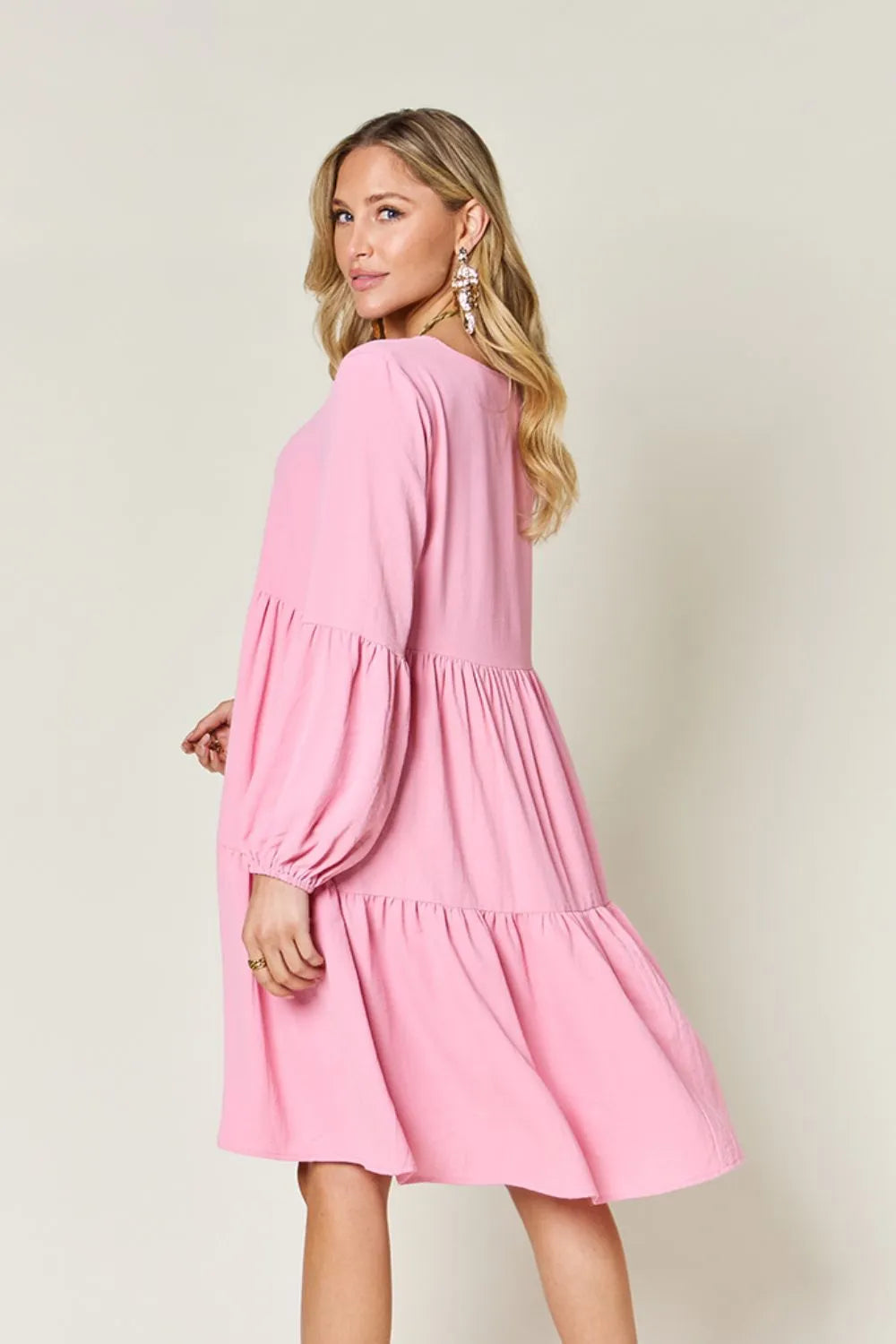 Double Take Full Size V-Neck Balloon Sleeve Tiered Dress with Pockets - Wellen Fashion