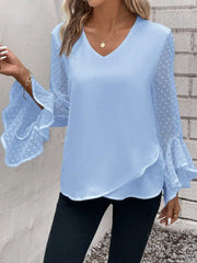 Swiss Dot V-Neck Flounce Sleeve Blouse