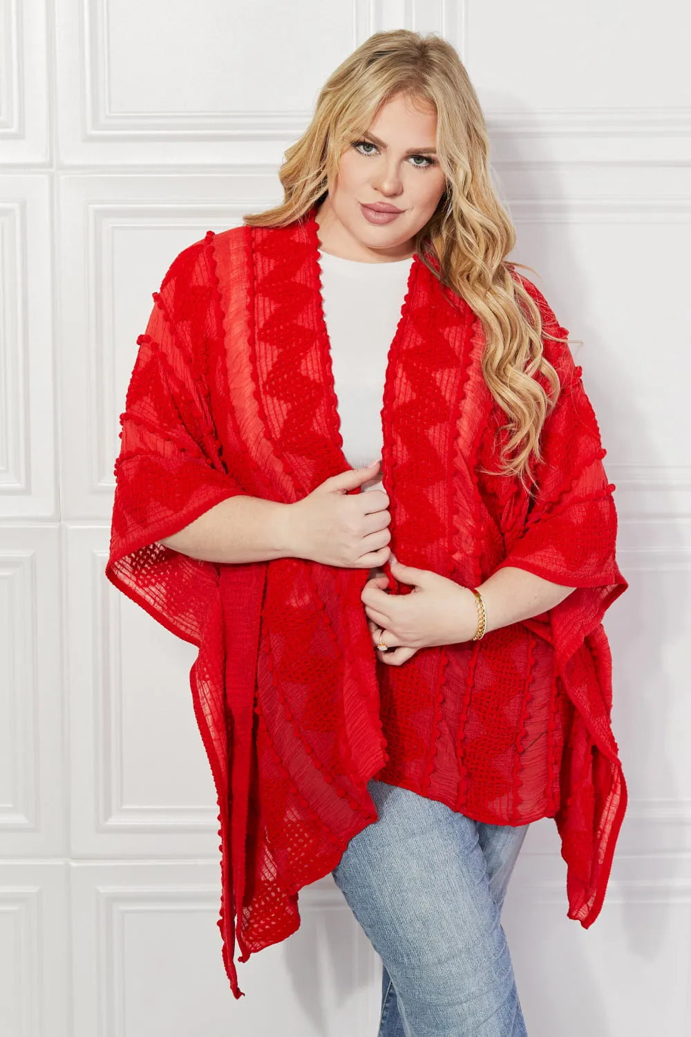 Justin Taylor Pom-Pom Asymmetrical Poncho Cardigan in Red - Wellen Fashion