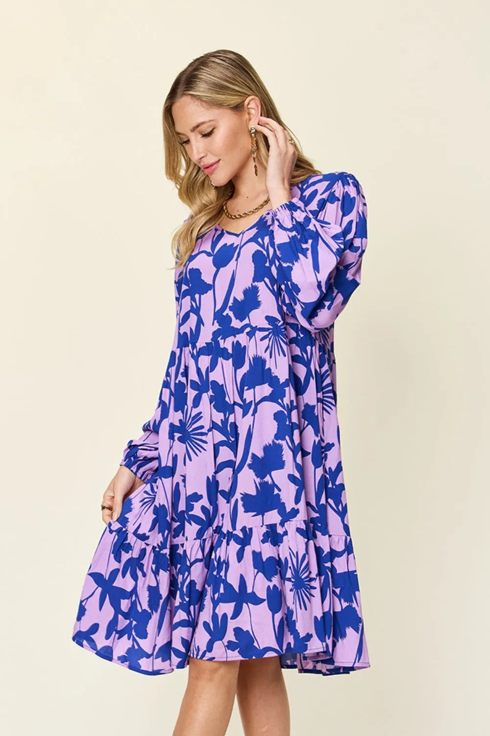 Double Take Full Size Printed Ruffle Hem Dress with Pocket - Wellen Fashion