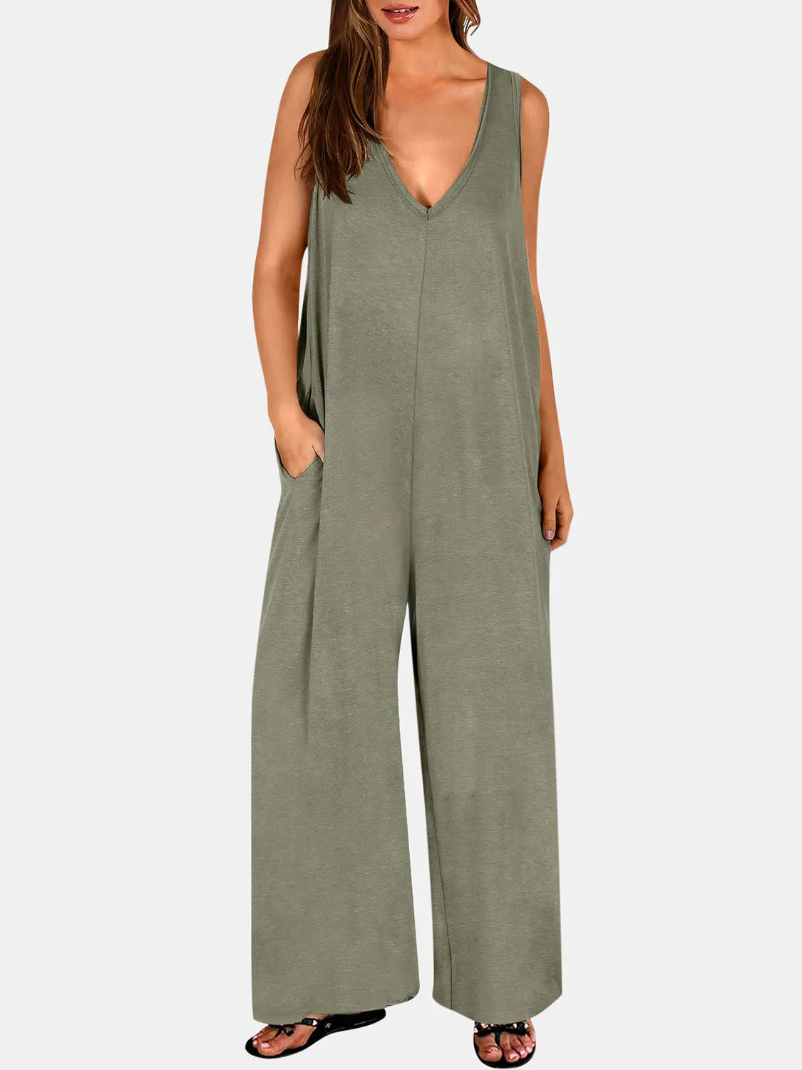 Full Size V-Neck Wide Strap Jumpsuit - Wellen Fashion