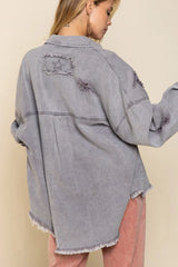 POL Button Down Raw Hem Distressed Shacket - Wellen Fashion