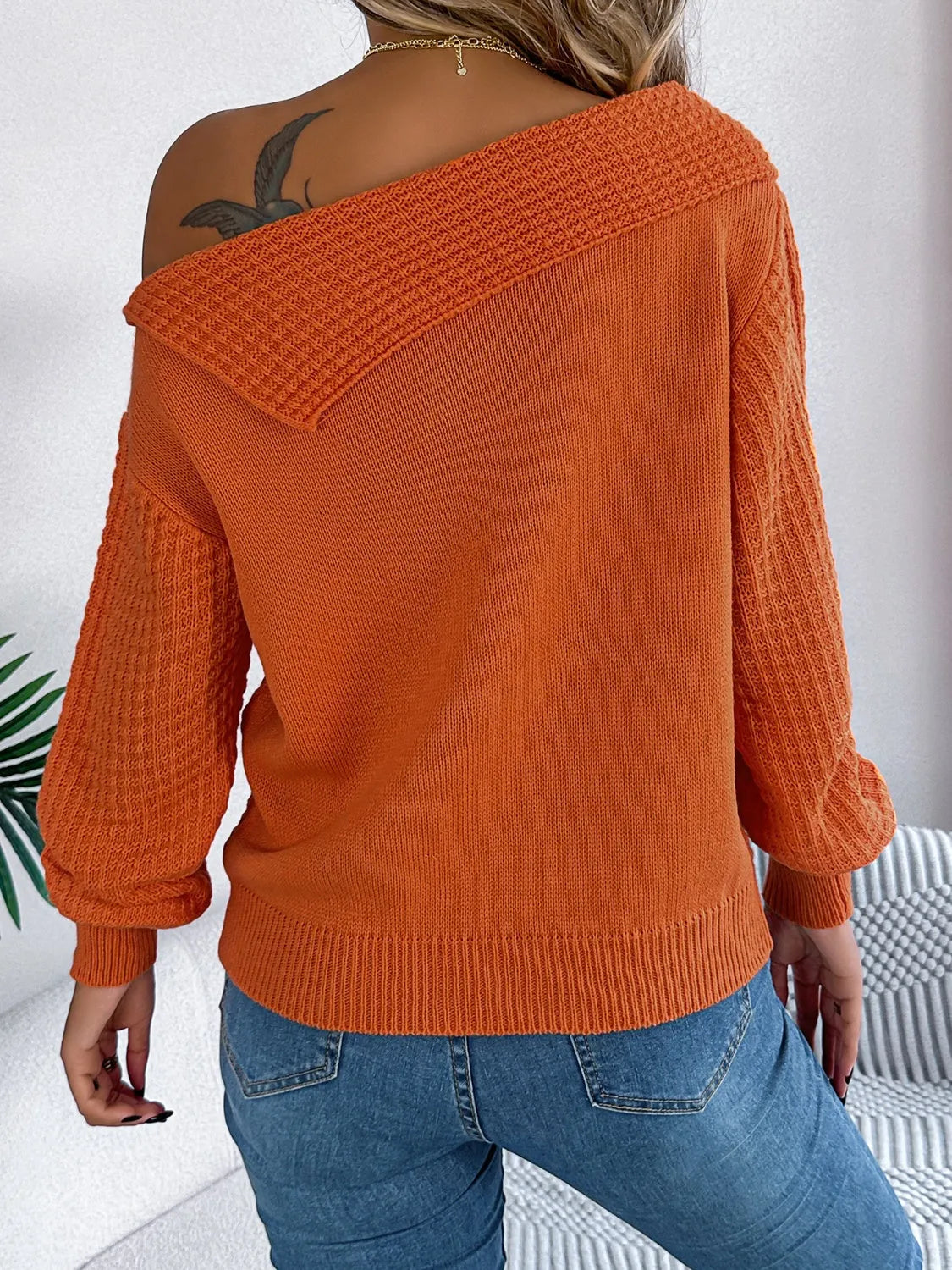 Cable-Knit One Shoulder Long Sleeve Sweater - Wellen Fashion