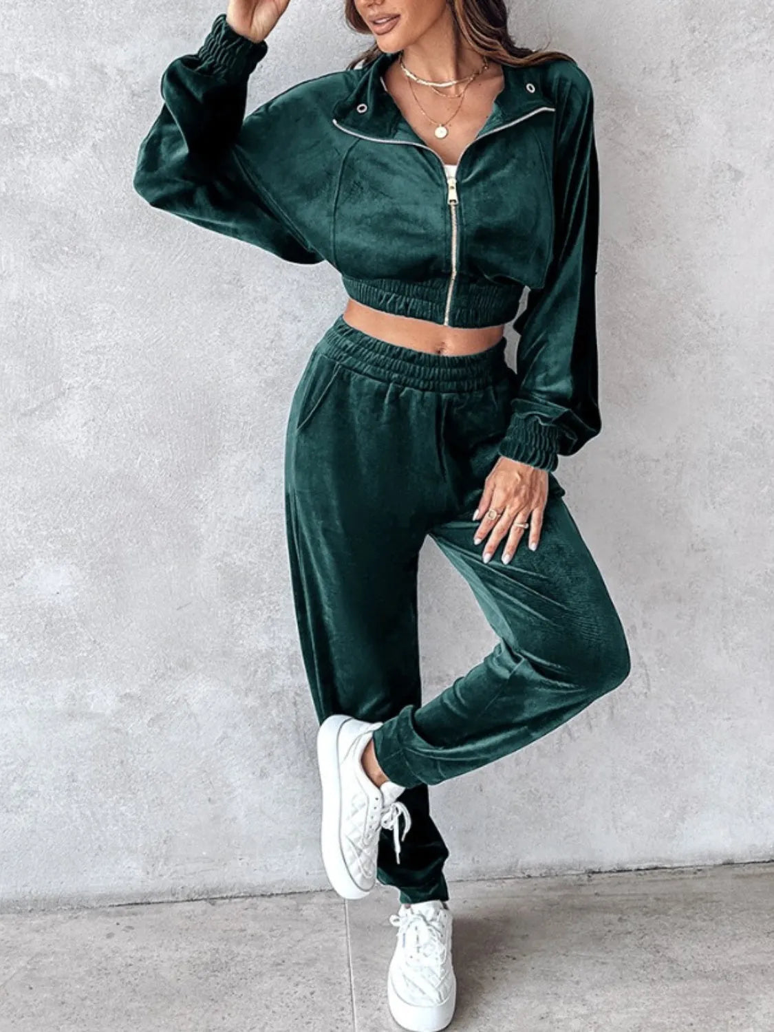 Zip Up Long Sleeve Cropped Top and Joggers Set - Wellen Fashion