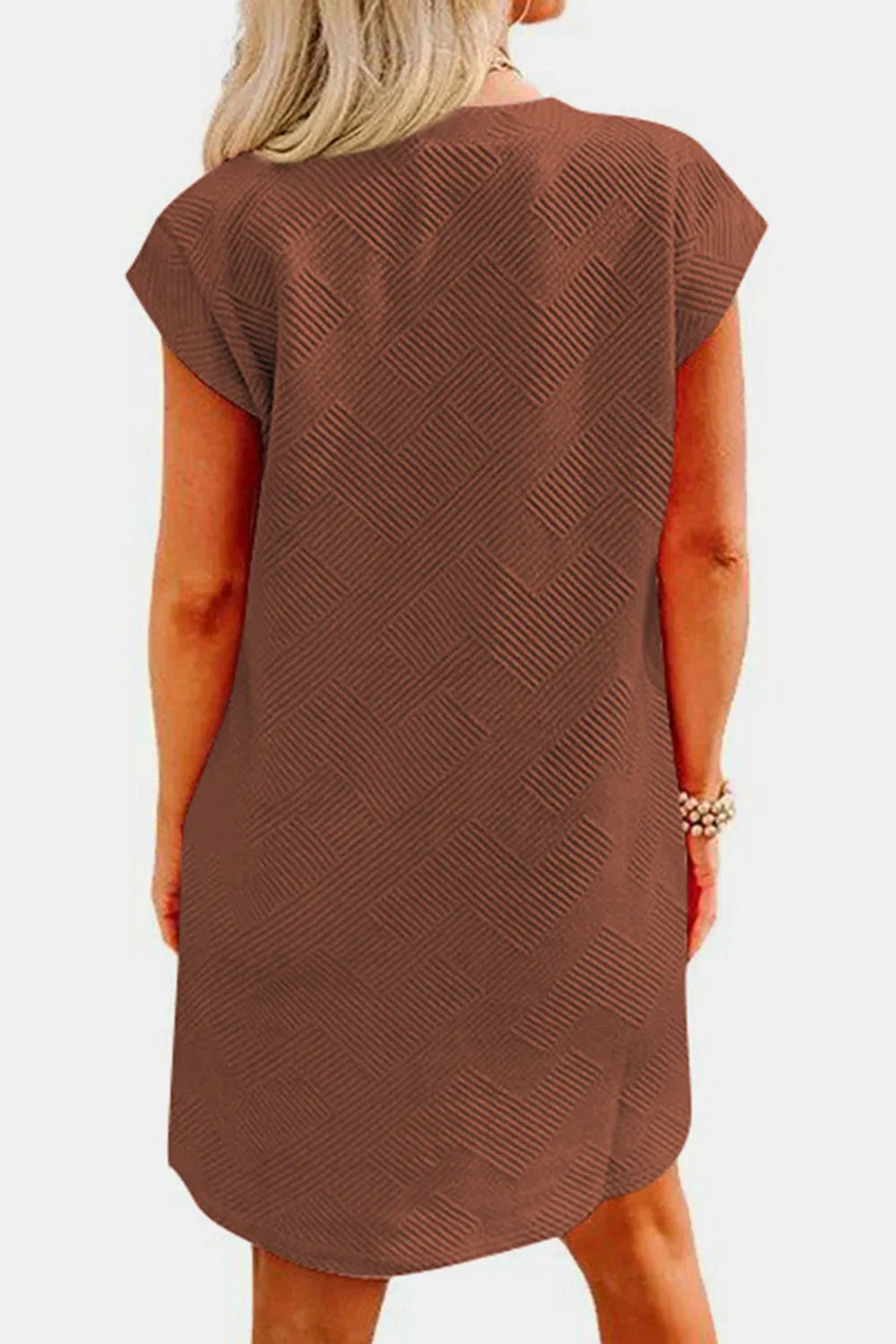 Textured Round Neck Cap Sleeve Dress - Wellen Fashion