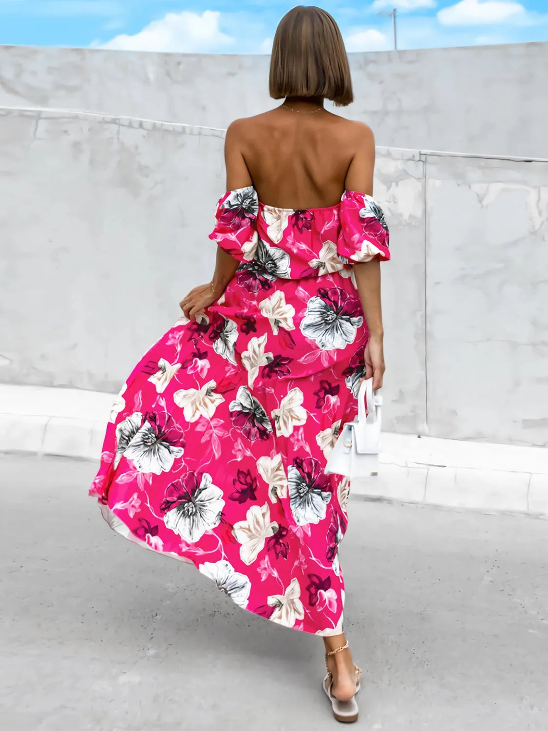 Pleated Floral Off-Shoulder Short Sleeve Midi Dress - Wellen Fashion